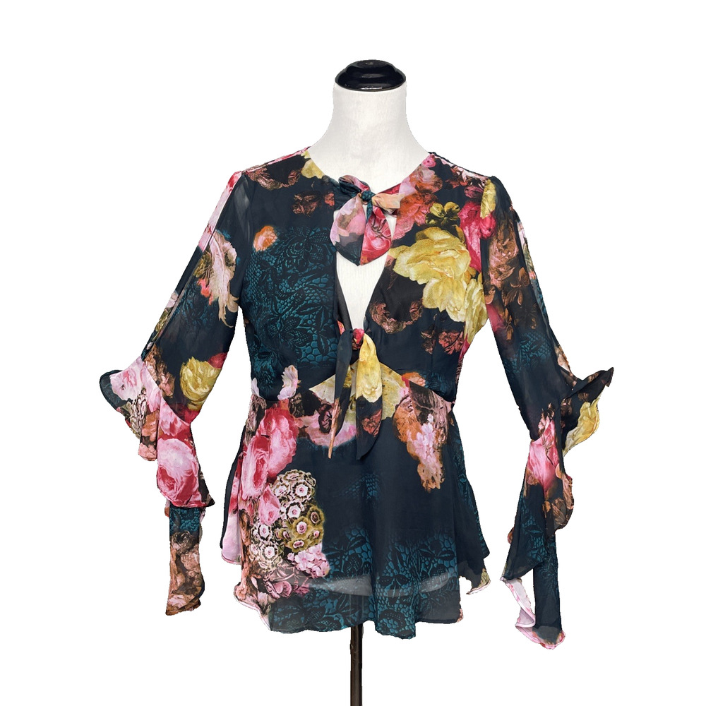 Venus Women Sz 10 Floral Top Deep V-Neck Cold Shoulder Bell Slv Boho Romantic